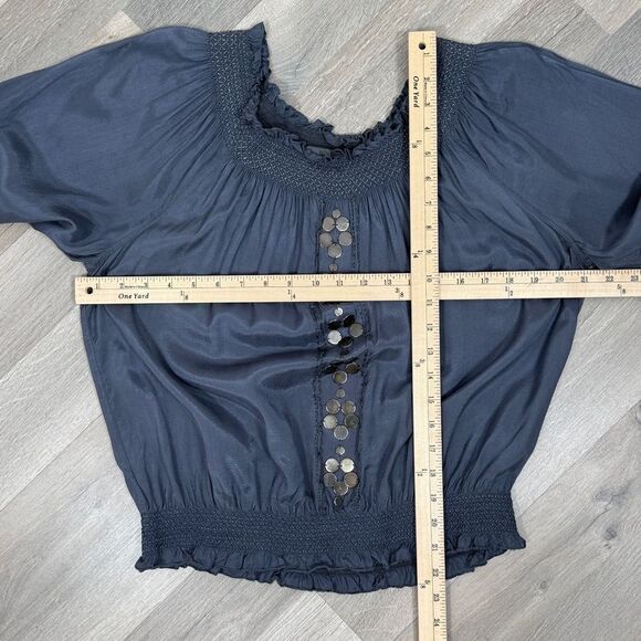 Nine West Smocked Charm Detail On Off Shoulder Peasant Blouse Blue Grey Medium - Picture 12 of 13